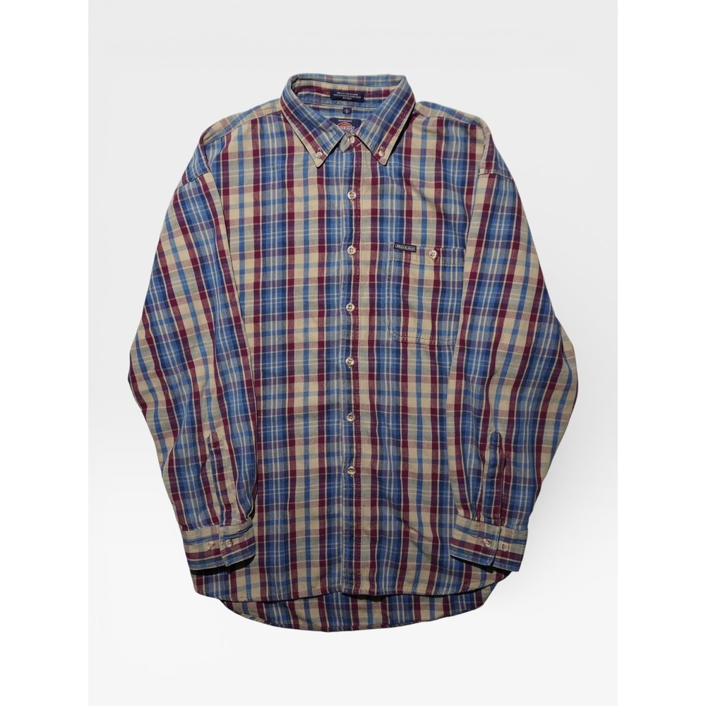 Dickies Plaid Flannel Shirt Men's‎ Large Blue Burgundy Tan Button Down Cotton